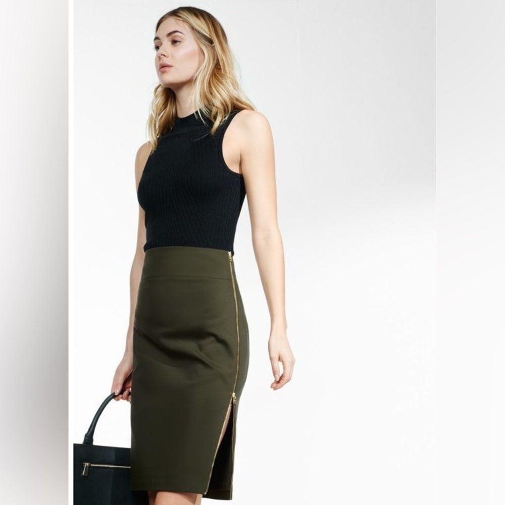 EXPRESS Midi Skirt Side Zip Size 8 Olive Army Green Workwear Business